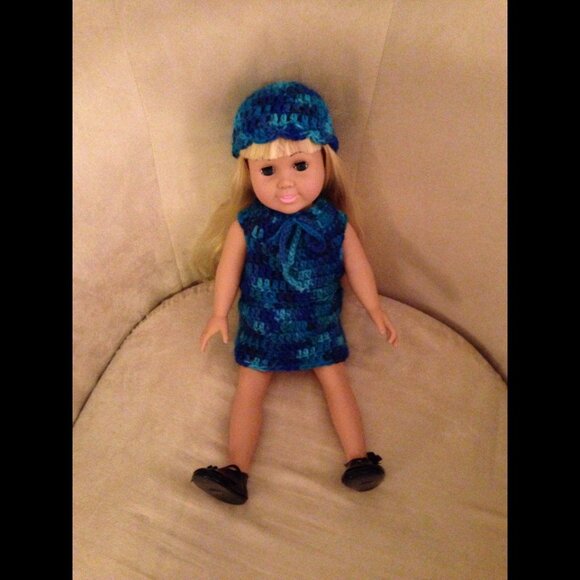American Girl clothes (or 18" doll) multi-colour blue hat, top, and skirt NEW - Picture 1 of 2